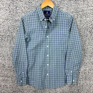 Wool & Prince Shirt Mens XS Blue Green Check Slim Fit Wool Linen Button Down